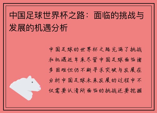 中国足球世界杯之路：面临的挑战与发展的机遇分析