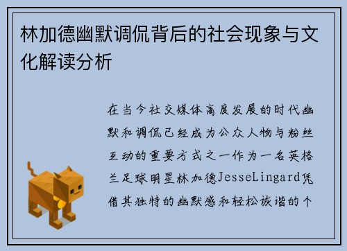 林加德幽默调侃背后的社会现象与文化解读分析 林加德幽默调侃背后的社会现象与文化解读分析